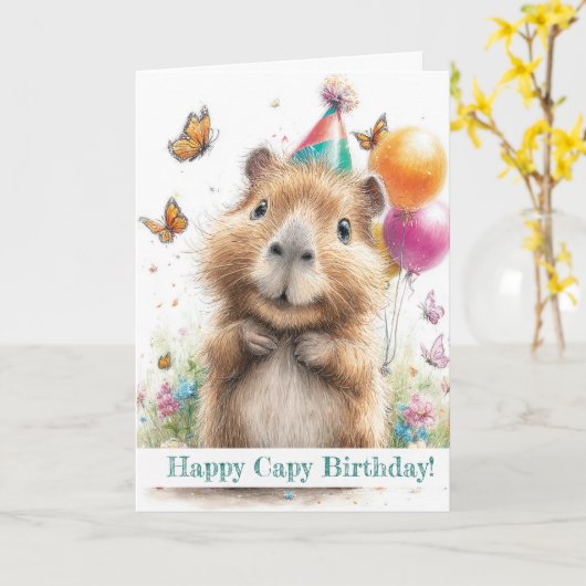 Capybara Birthday Card • Cute Balloon Design カード (黄色い花)