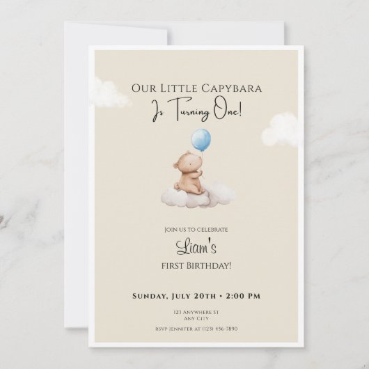 Capybara Birthday Invitation Cloud and Balloon 招待状 (正面)