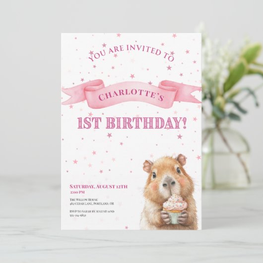 Capybara Birthday Invitation • Cute First Birthday セーブザデート (スタンド正面)