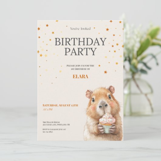 Capybara Birthday Invitation • Cute First Birthday セーブザデート (スタンド正面)