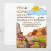 Capybara Birthday invitation, Cute Floral Pink Gir 招待状 (正面/裏面)