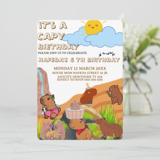 Capybara Birthday invitation, Cute Floral Pink Gir 招待状 (スタンド正面)