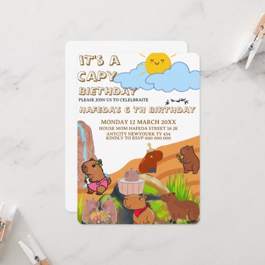 Capybara Birthday invitation, Cute Floral Pink Gir 招待状 (正面/裏面インサイチュ)