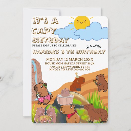 Capybara Birthday invitation, Cute Floral Pink Gir 招待状 (正面)