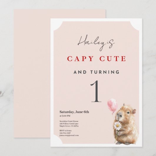 Capybara Birthday Invitation • First Birthday Part カード (正面/裏面)
