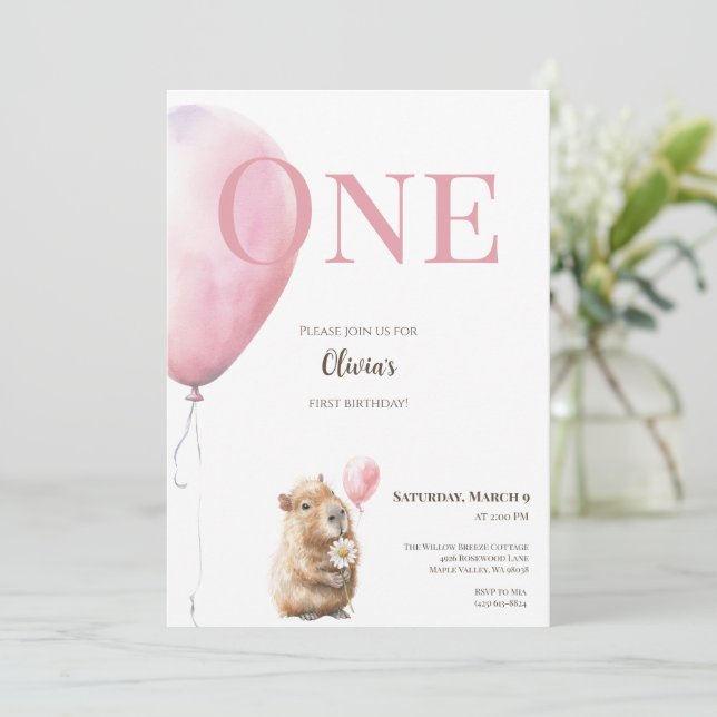Capybara Birthday Invitation • Pink Balloon (スタンド正面)