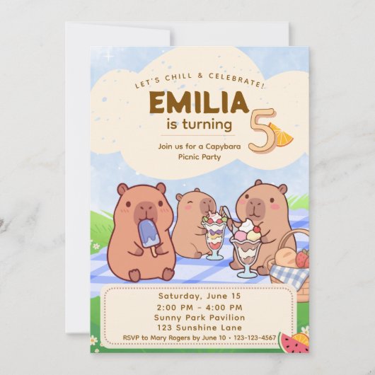 Capybara Birthday Picnic Invitation 招待状 (正面)