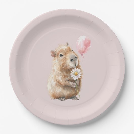 Capybara Birthday Plate • Cute Animal Party Supply ペーパープレート (正面)