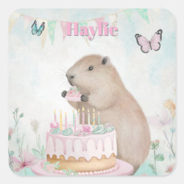 Capybara Cakefest Kidsパーティーステッカー – ピンクカスタム スクエアシール