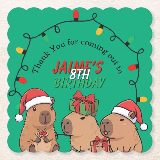 Capybara Christmas Lights Birthday Party  ペーパーコースター (正面)