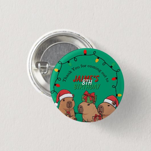 Capybara Christmas Lights Birthday Party  缶バッジ (正面&裏面)