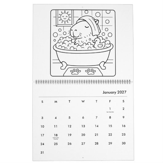 Capybara Coloring Calendar カレンダー (1月 2027)