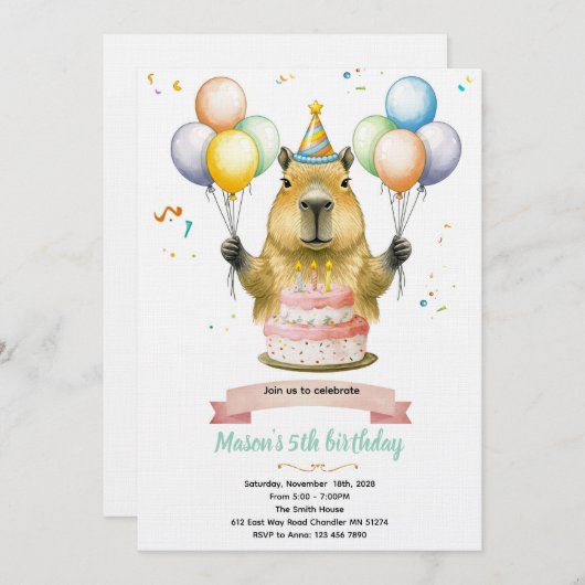 Capybara cute birthday invitation 招待状 (正面/裏面)