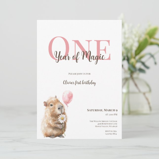 Capybara First Birthday Invitation • Woodland Girl (スタンド正面)