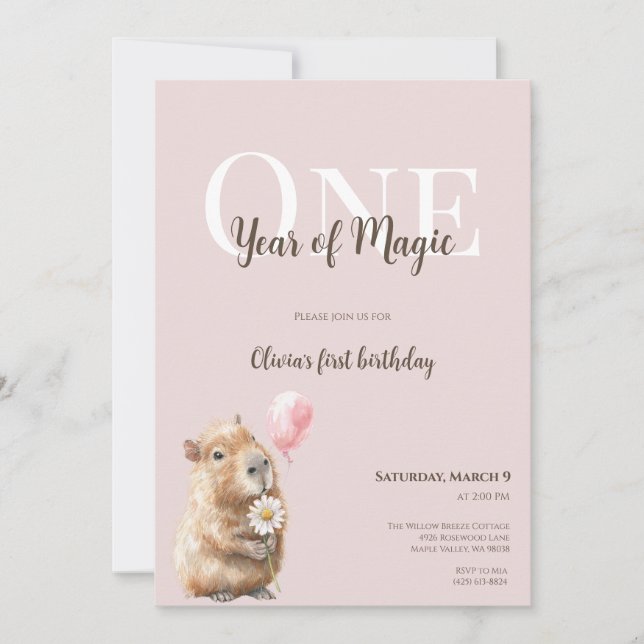Capybara First Birthday Invitation • Woodland Girl (正面)