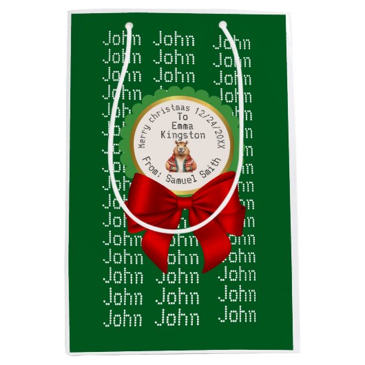 CAPYBARA green XMAS NAME EDITABLE  ミディアムペーパーバッグ (正面)