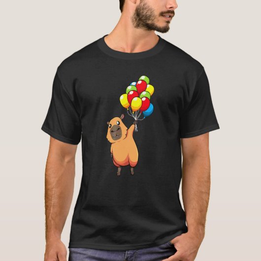 Capybara Holding Balloons Carpincho Water Hog Birt Tシャツ (正面)