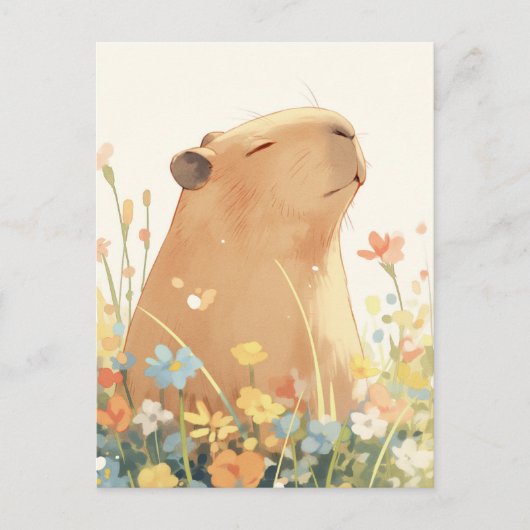 Capybara in Colorful Summer Wildflower Meadow ポストカード (正面)