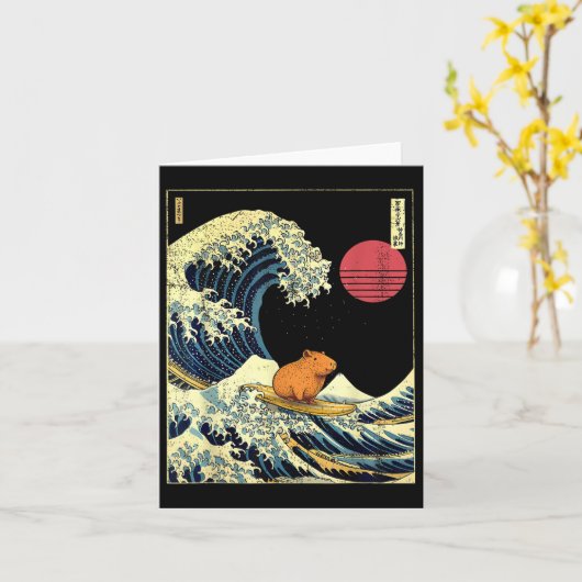 Capybara Japanese Kanagawa Wave Funny Surf Animal  カード (黄色い花)