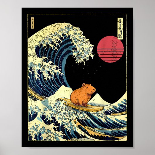 Capybara Japanese Kanagawa Wave Funny Surf Animal  ポスター (正面)