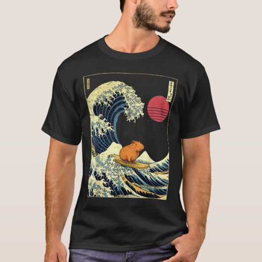 Capybara Japanese Kanagawa Wave Funny Surf Animal  Tシャツ (正面)