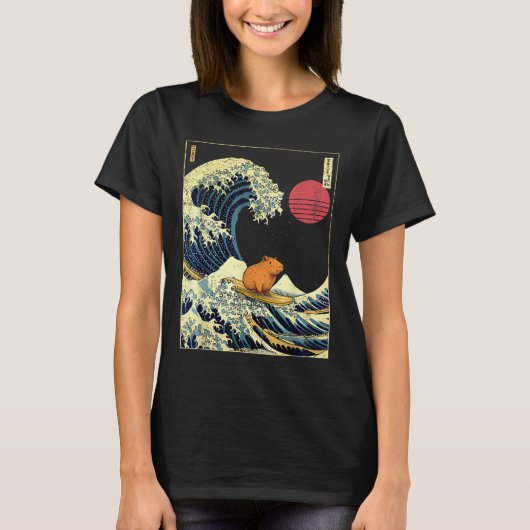 Capybara Japanese Kanagawa Wave Funny Surf Animal Tシャツ (正面)
