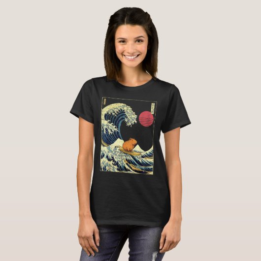Capybara Japanese Kanagawa Wave Funny Surf Animal  Tシャツ (正面フル)