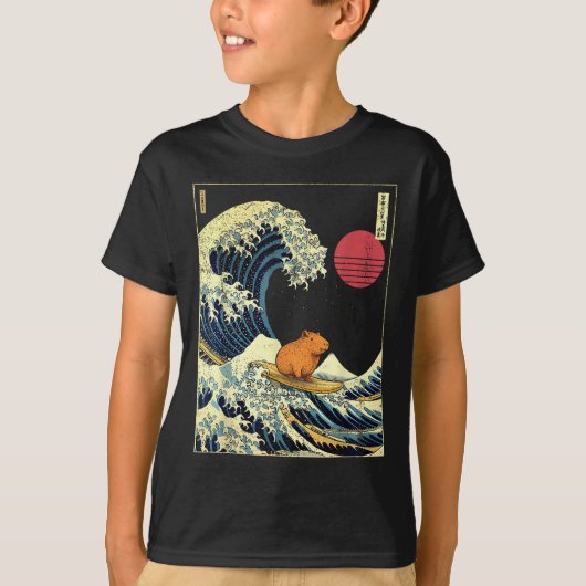 Capybara Japanese Kanagawa Wave Funny Surf Animal Tシャツ (正面)