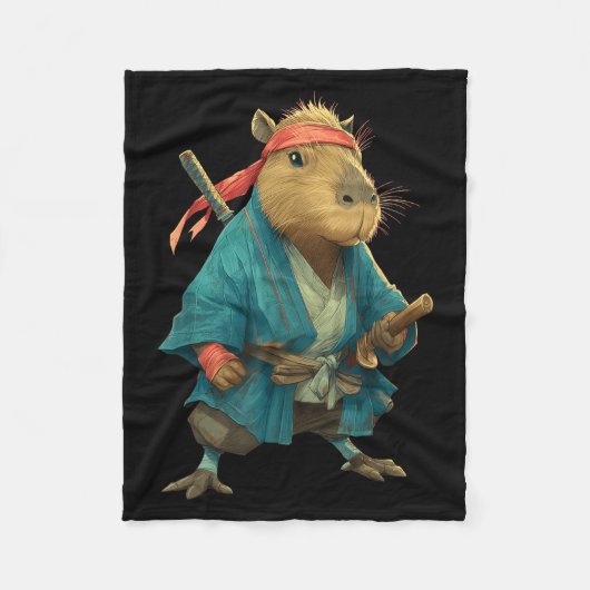Capybara Ninja Samurai Japan Funny Japanese Graphi フリースブランケット (正面)