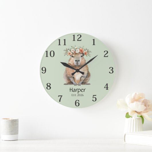 Capybara Nursery Wall Clock • Personalized ラージ壁時計 (ホーム)