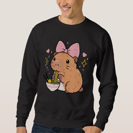 Capybara Pink Bow Eating Ramen Cute Capy Women Gir スウェットシャツ (正面)