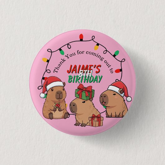 Capybara Pink Christmas Holiday Birthday 缶バッジ (正面)