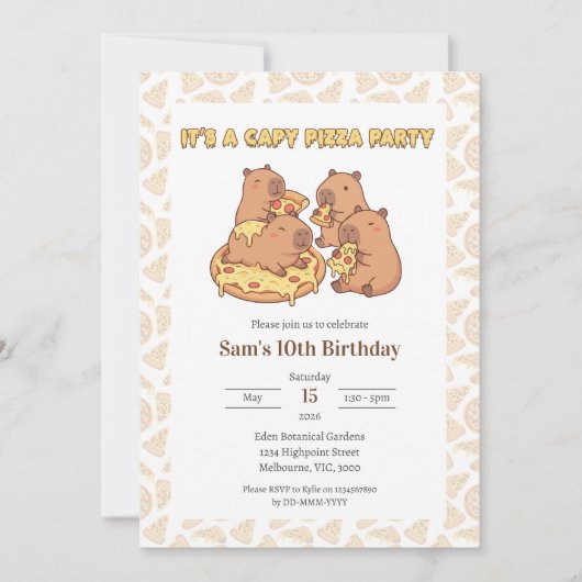 Capybara Pizza Party Birthday Invitation 招待状 (正面)