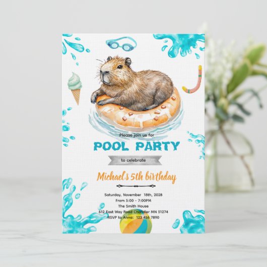 Capybara Pool Party Birthday Invitation 招待状 (スタンド正面)