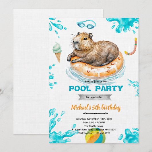 Capybara Pool Party Birthday Invitation 招待状 (正面/裏面)