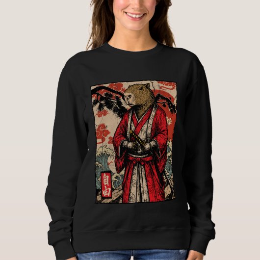 Capybara Samurai Japanese Warrior Ukiyo-e Art Anim スウェットシャツ (正面)