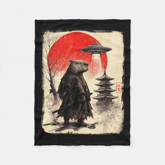 Capybara Samurai Retro Ufo Japanese Warrior Tenshu フリースブランケット (正面)