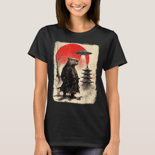 Capybara Samurai Retro Ufo Japanese Warrior Tenshu Tシャツ (正面)