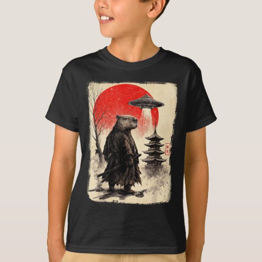 Capybara Samurai Retro Ufo Japanese Warrior Tenshu Tシャツ (正面)