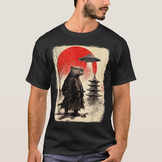 Capybara Samurai Retro Ufo Japanese Warrior Tenshu Tシャツ (正面)
