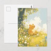 Capybara Sitting in Wildflower Meadow under Tree ポストカード (正面/裏面)
