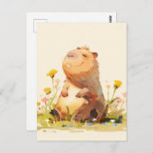Capybara Sitting in Yellow Wildflower Garden ポストカード (正面/裏面)