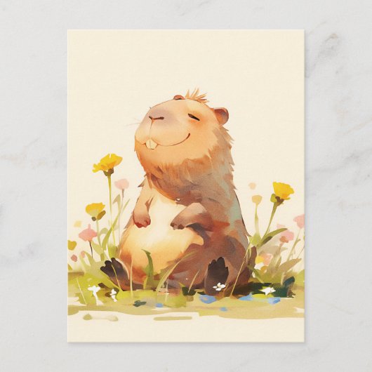 Capybara Sitting in Yellow Wildflower Garden ポストカード (正面)