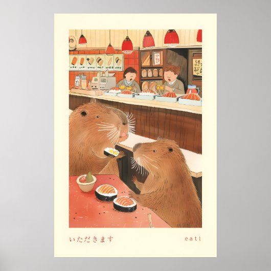 Capybara Sushi Poster Itadakimasu Japanese Dining ポスター (正面)