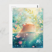 Capybara Swimming in Magical Wildflower Pond ポストカード (正面/裏面)