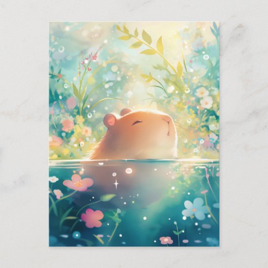 Capybara Swimming in Magical Wildflower Pond ポストカード (正面)