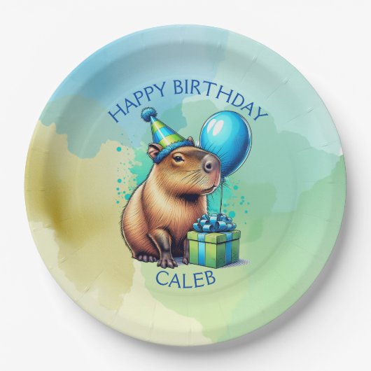 Capybara Themed Boy's Birthday Party Personalized ペーパープレート (正面)