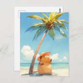 Capybara Wearing Sun Hat on Tropical Summer Beach ポストカード (正面/裏面)