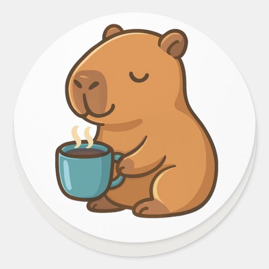 Capybara With Coffee – Cute Animal Sticker ラウンドシール (正面)