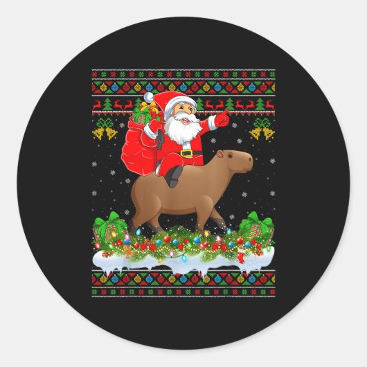 Capybara Xmas Pajamas Ugly Santa Riding Capybara C ラウンドシール (正面)